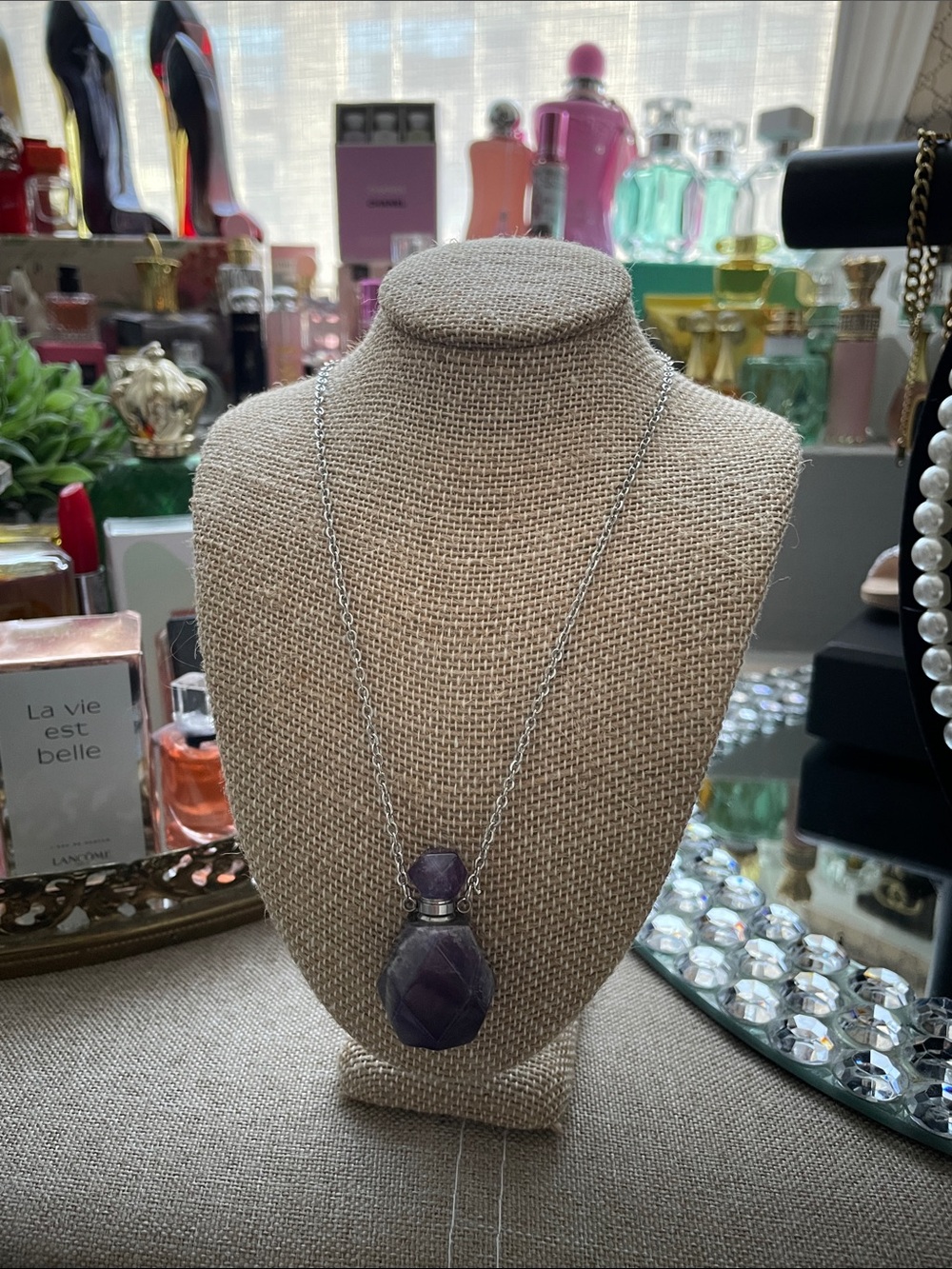 ✨Silvertone Amethyst Pendant Perfume/Oul Bottle Necklace ✨NEW